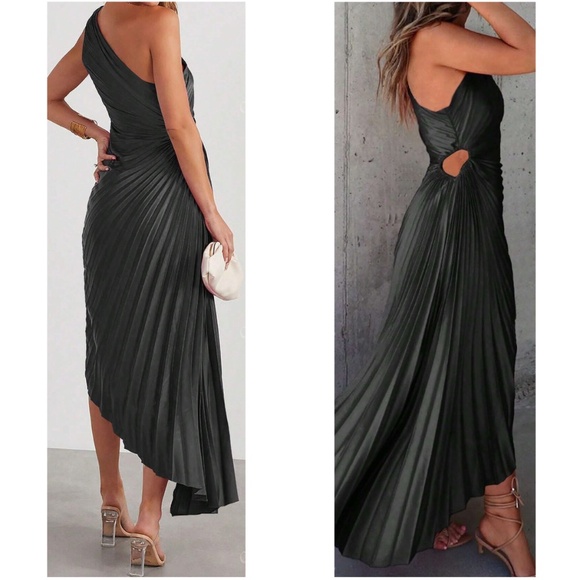 Luxe Satin One Shoulder Pleated Party Evening Wedding Dress - Picture 3 of 9